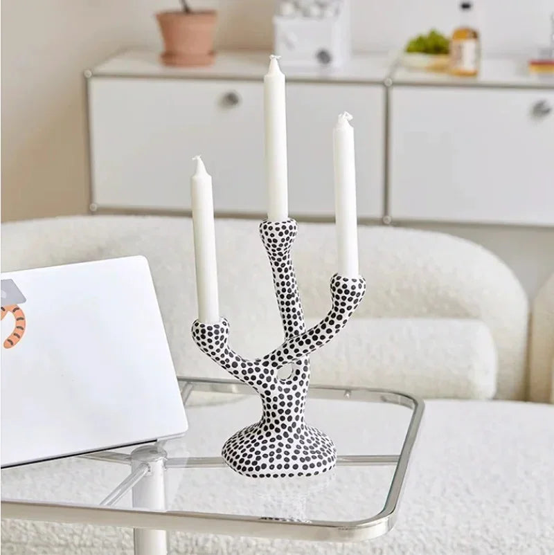 Ceramic Polka Dot Candle Holder, Black Dot Taper Candlestick, Glazed 10.6in