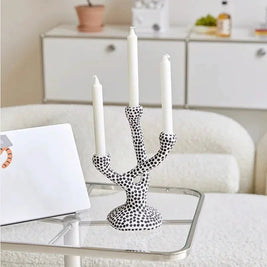 Ceramic Polka Dot Candle Holder, Black Dot Taper Candlestick, Glazed 10.6in