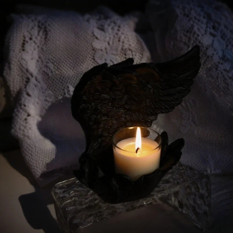 Angel Candle Holder, Sculpted Resin Angel Wings, White or Black, 3.9in