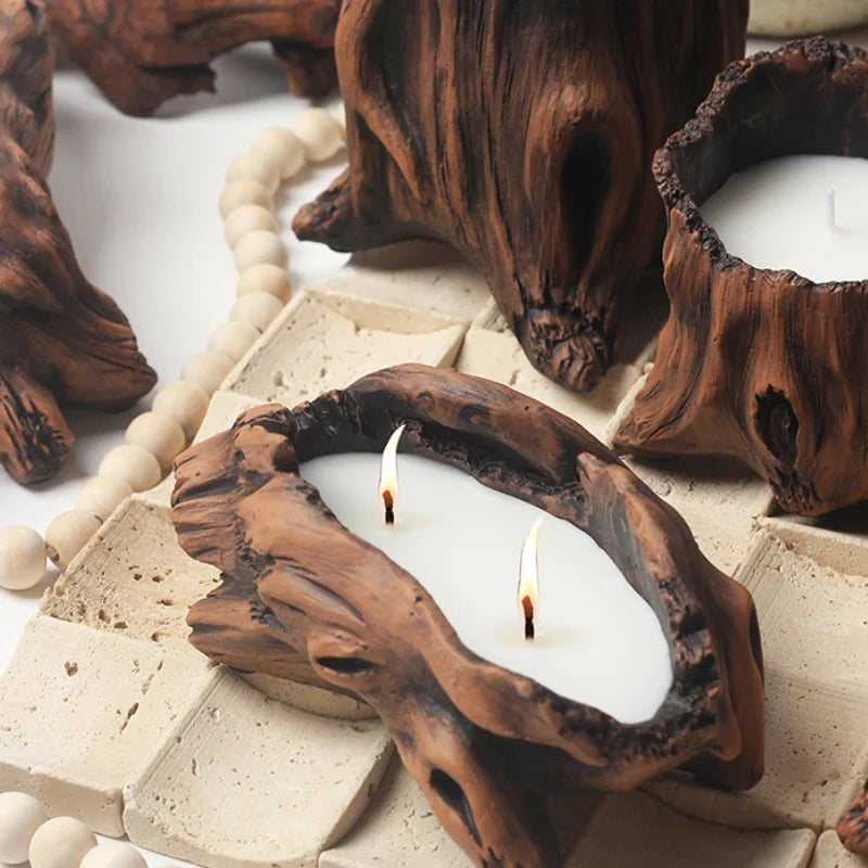 Cement Candle Holder, Tree Stump Candle Vessels for Wax Sand, 6 Shapes