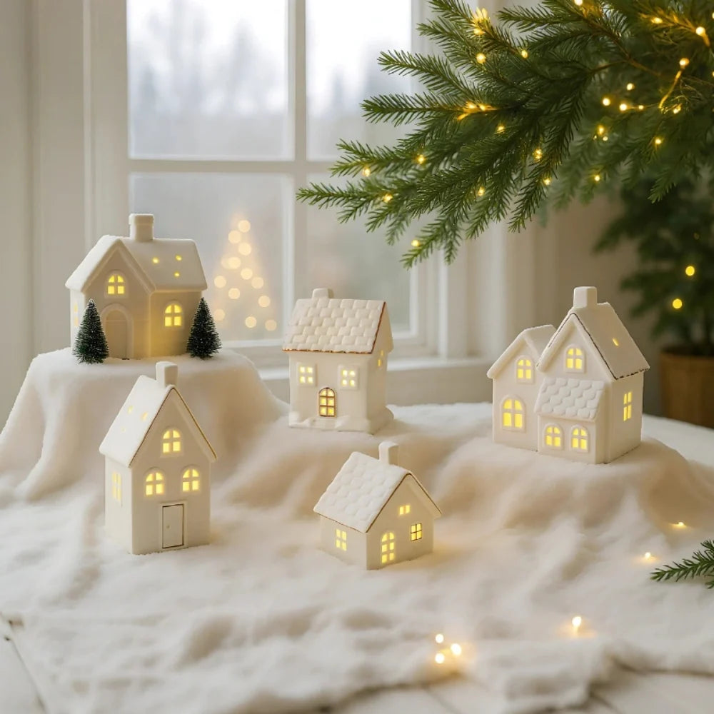 Ceramic Christmas Houses, Light Up White Village Set, Trees & Snowmen, LED