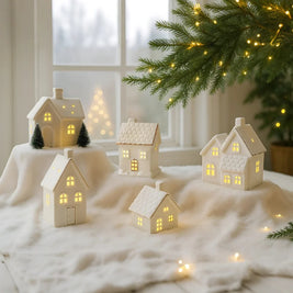 Ceramic Christmas Houses, Light Up White Village Set, Trees & Snowmen, LED