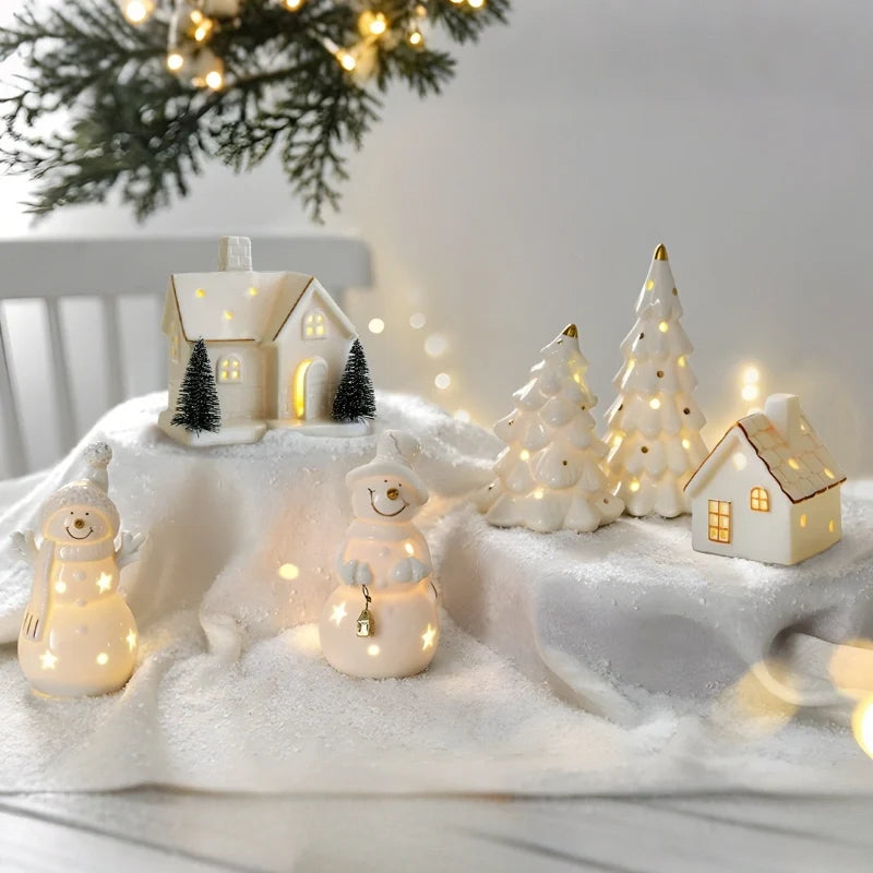 Ceramic Christmas Houses, Light Up White Village Set, Trees & Snowmen, LED