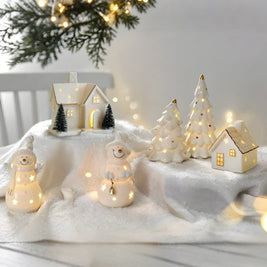 Ceramic Christmas Houses, Light Up White Village Set, Trees & Snowmen, LED