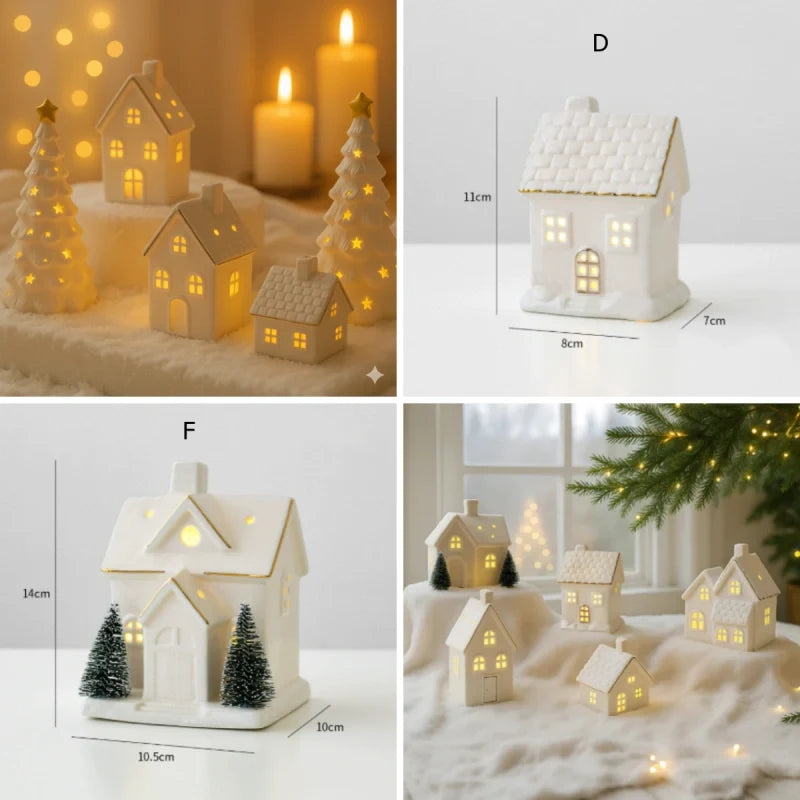 Ceramic Christmas Houses, Light Up White Village Set, Trees & Snowmen, LED