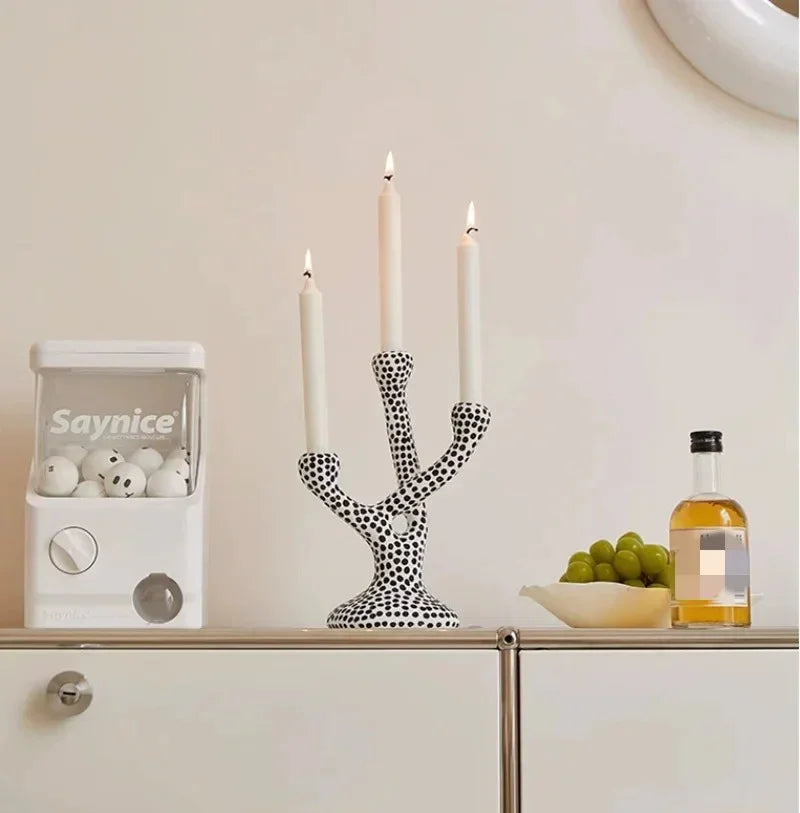 Ceramic Polka Dot Candle Holder, Black Dot Taper Candlestick, Glazed 10.6in