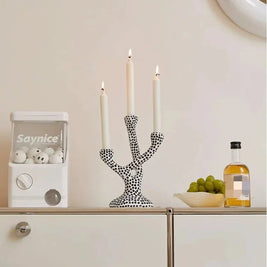 Ceramic Polka Dot Candle Holder, Black Dot Taper Candlestick, Glazed 10.6in