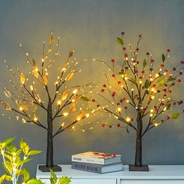 Lighted Tabletop Tree, 24 LED Battery Twig Tree, Red Berries or Gold, 22in