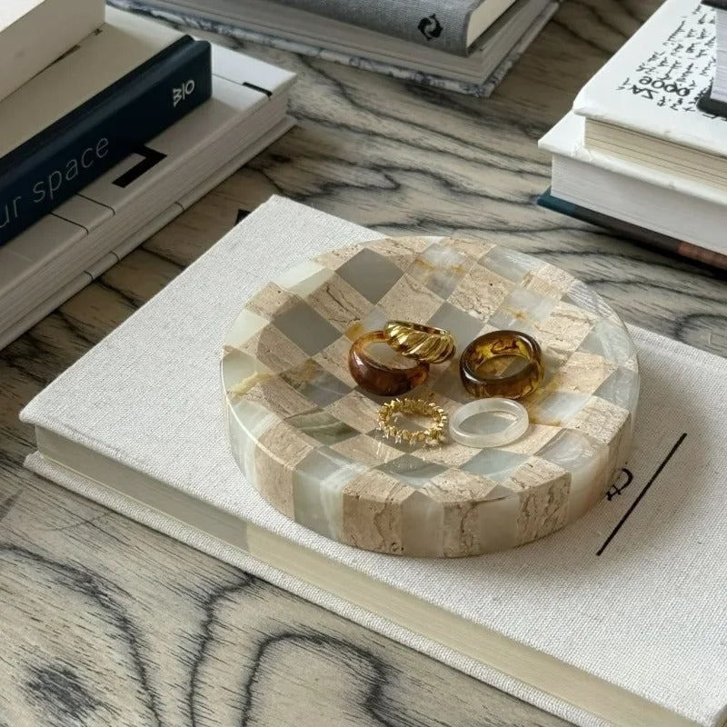 Checkered Marble Jewelry Tray, Round Trinket Dish, Vanity, 4 Colors, 4.5in