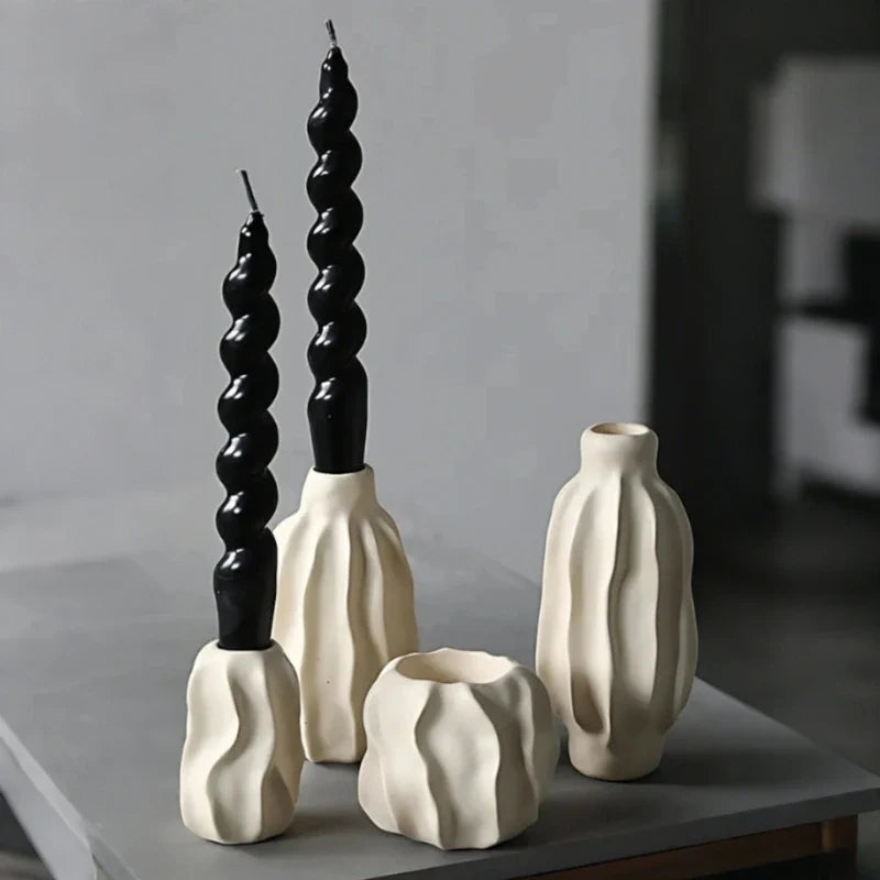 Ceramic Taper Candle Holder, Rippled Matte Candlestick Holder, 4 Shapes