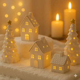 Ceramic Christmas Houses, Light Up White Village Set, Trees & Snowmen, LED