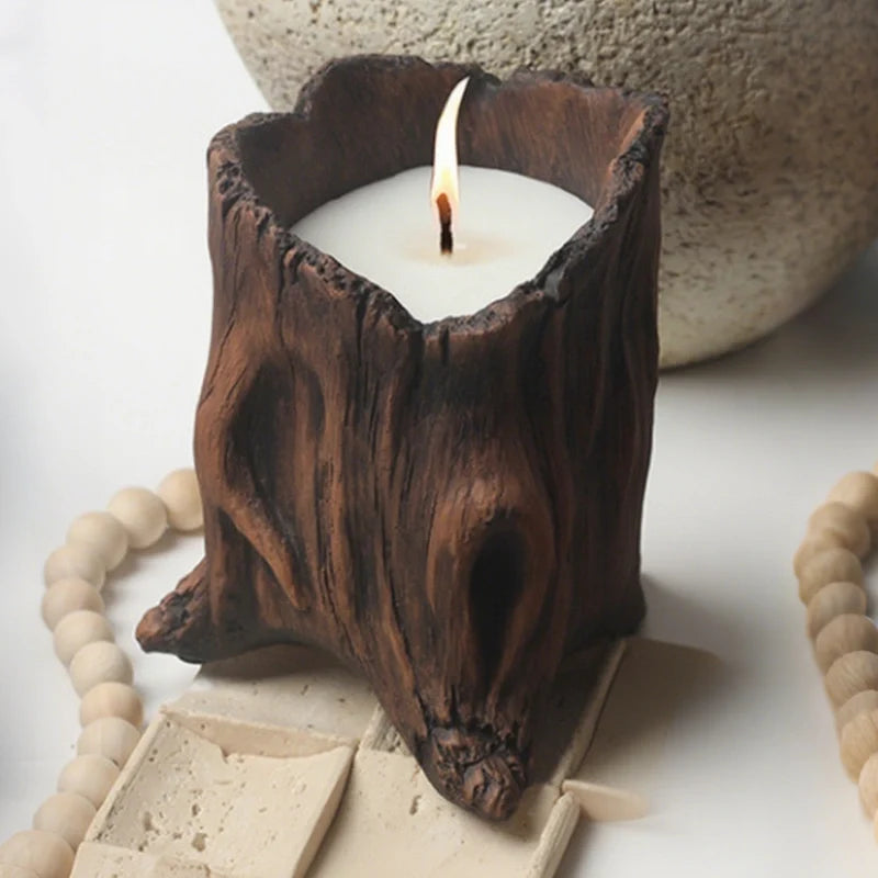 Cement Candle Holder, Tree Stump Candle Vessels for Wax Sand, 6 Shapes