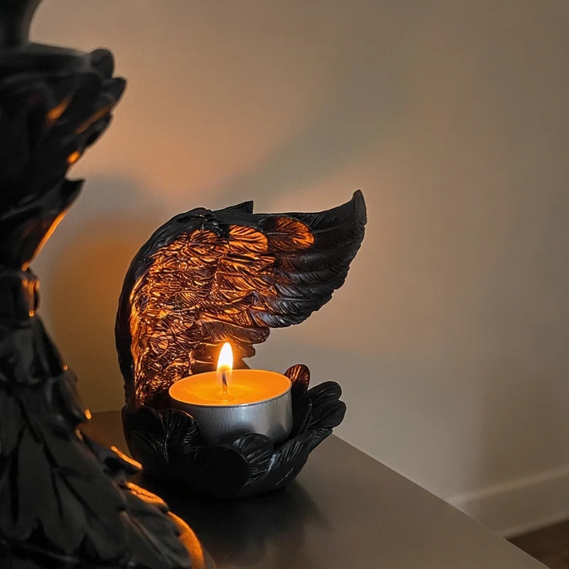 Angel Candle Holder, Sculpted Resin Angel Wings, White or Black, 3.9in