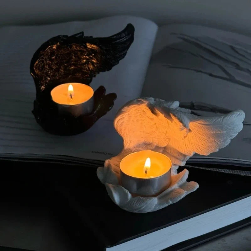 Angel Candle Holder, Sculpted Resin Angel Wings, White or Black, 3.9in