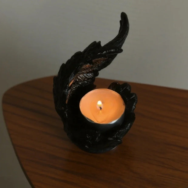 Angel Candle Holder, Sculpted Resin Angel Wings, White or Black, 3.9in