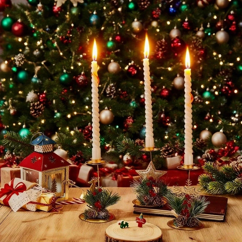 Christmas Candlestick Holders, Set of 3 Iron Taper Holders, Pine & Berry
