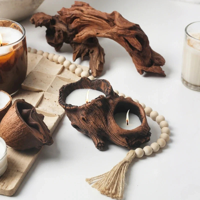 Cement Candle Holder, Tree Stump Candle Vessels for Wax Sand, 6 Shapes