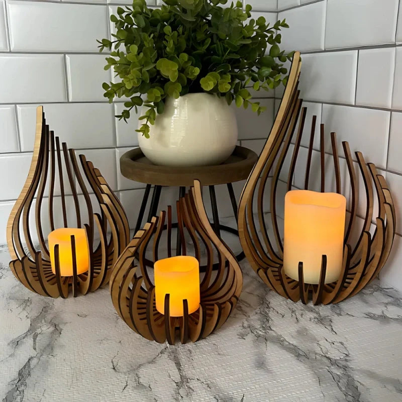 Wooden Candle Holder, Carved Teardrop Candle Lantern, DIY Kit, 3 Sizes