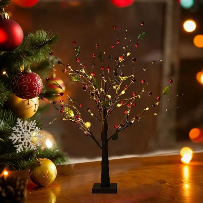 Lighted Tabletop Tree, 24 LED Battery Twig Tree, Red Berries or Gold, 22in