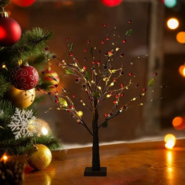 Lighted Tabletop Tree, 24 LED Battery Twig Tree, Red Berries or Gold, 22in