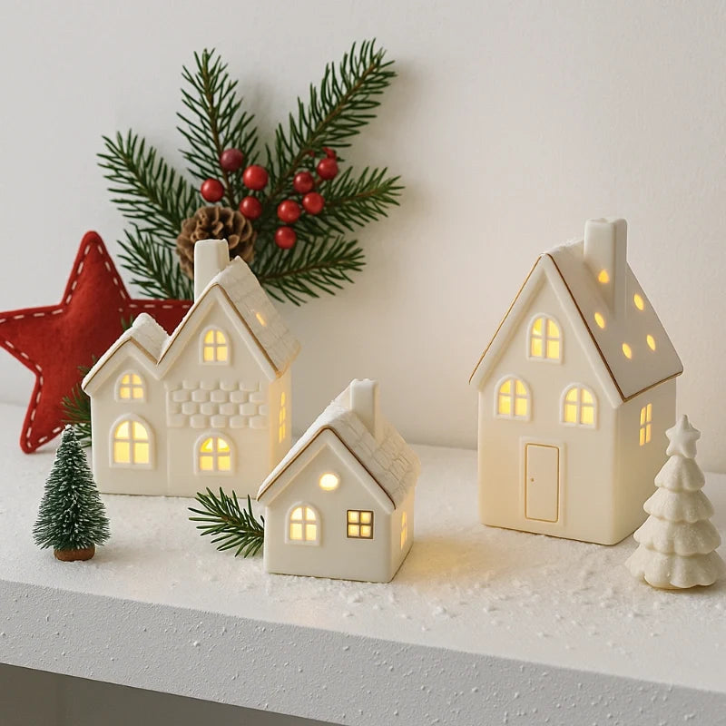 Ceramic Christmas Houses, Light Up White Village Set, Trees & Snowmen, LED