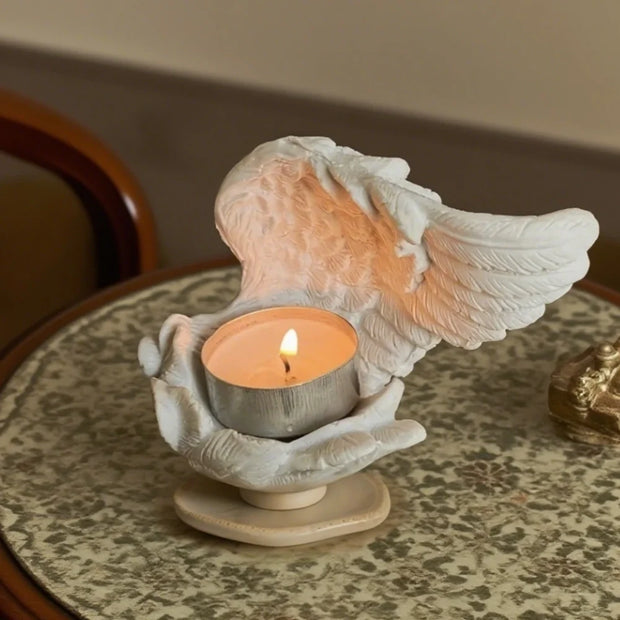 Angel Candle Holder, Sculpted Resin Angel Wings, White or Black, 3.9in