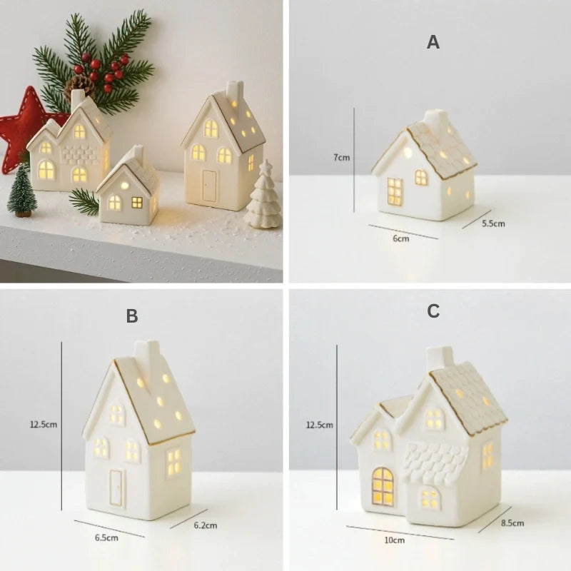 Ceramic Christmas Houses, Light Up White Village Set, Trees & Snowmen, LED