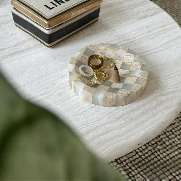 Checkered Marble Jewelry Tray, Round Trinket Dish, Vanity, 4 Colors, 4.5in