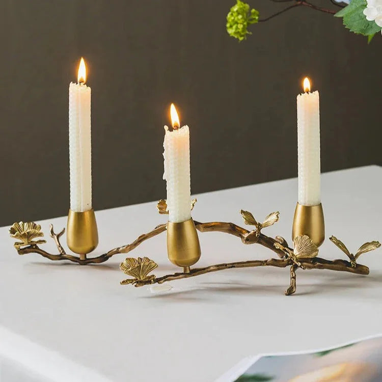 Brass Taper Candle Holder, Ginkgo Leaf & Butterfly Candelabra, 8-17in, Gold