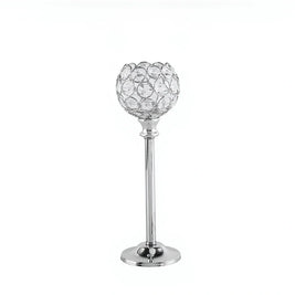 Glass Candle Holder, Crystal Look Beaded Globe on Stem, Gold or Silver