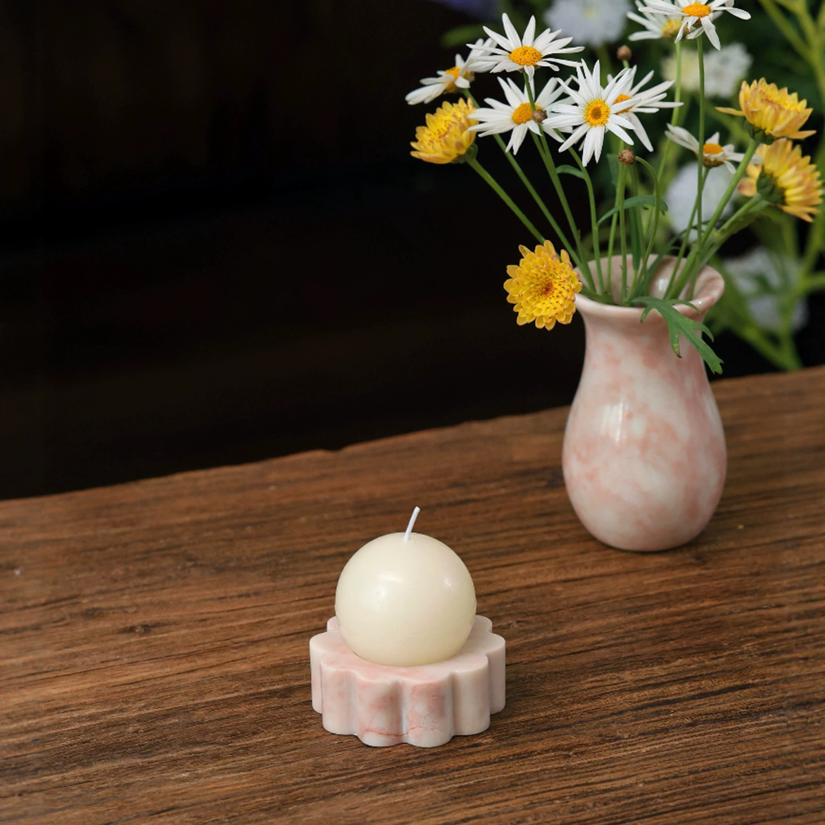 Pink Marble Flower Candle Holder, Scalloped Bedside & Vanity Dish, 2.6in