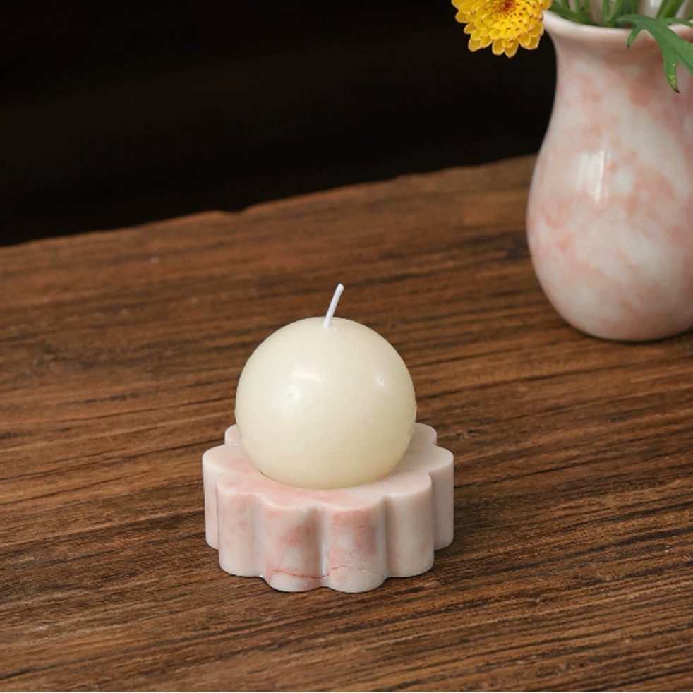 Pink Marble Flower Candle Holder, Scalloped Bedside & Vanity Dish, 2.6in