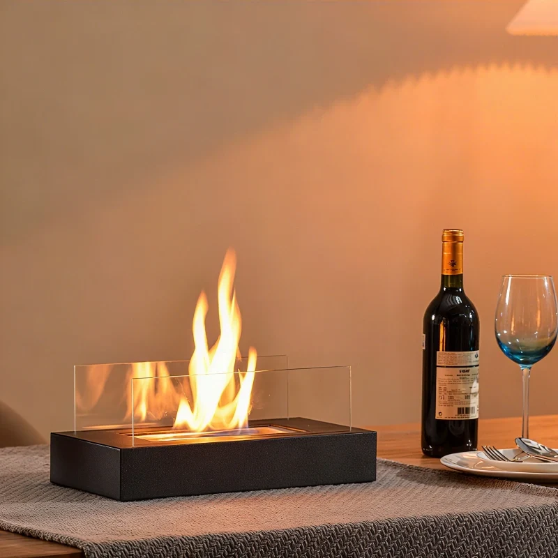 Tabletop Fireplace, Glass & Metal Ethanol Fire Bowl, Indoor & Outdoor, 14in