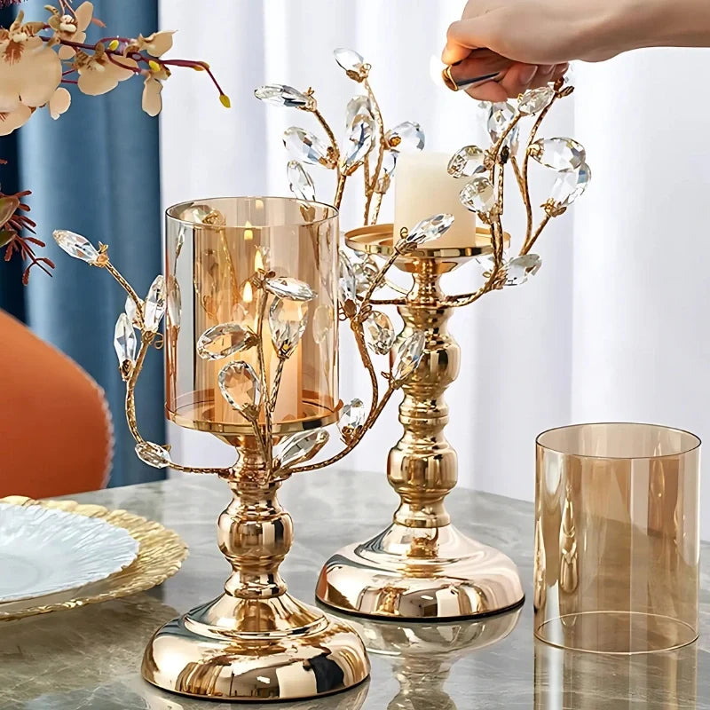 Glass Candle Holder, Crystal Look Floral Pillar Candle Stand, Iron, 3 Sizes