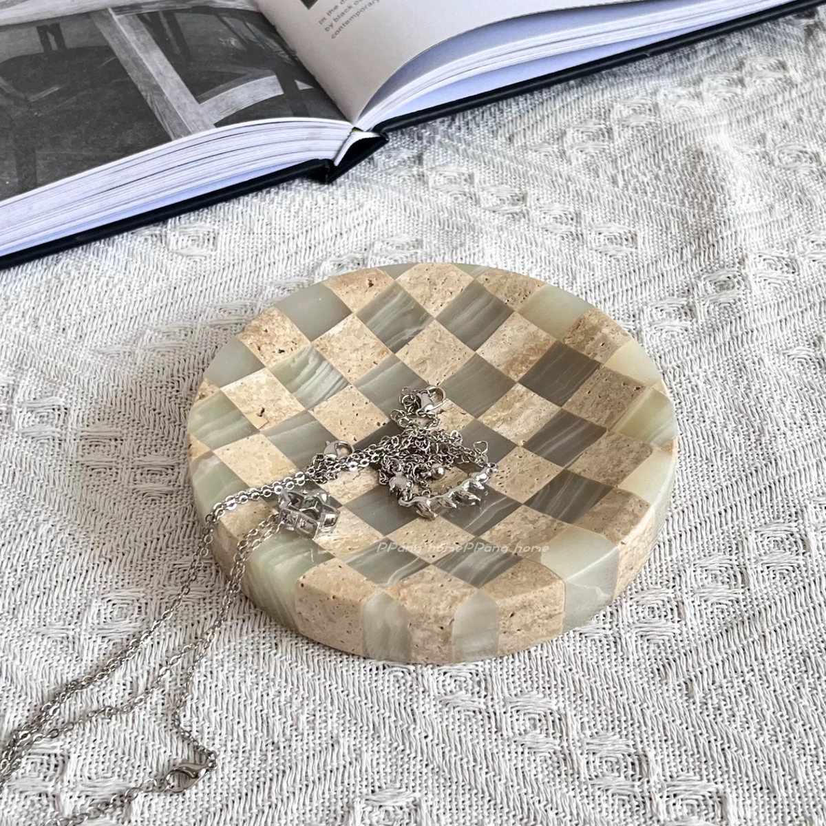Checkered Marble Jewelry Tray, Round Trinket Dish, Vanity, 4 Colors, 4.5in