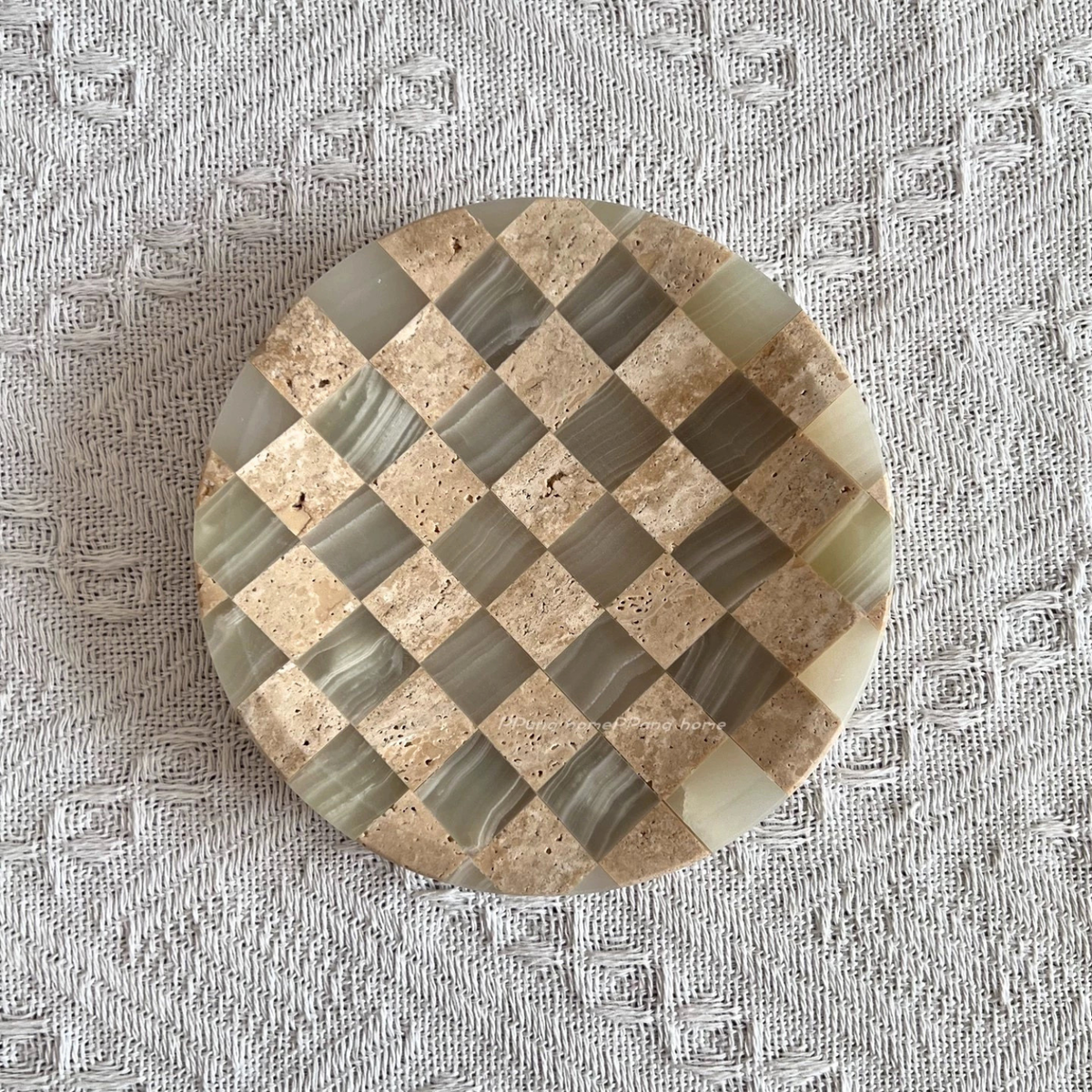 Checkered Marble Jewelry Tray, Round Trinket Dish, Vanity, 4 Colors, 4.5in