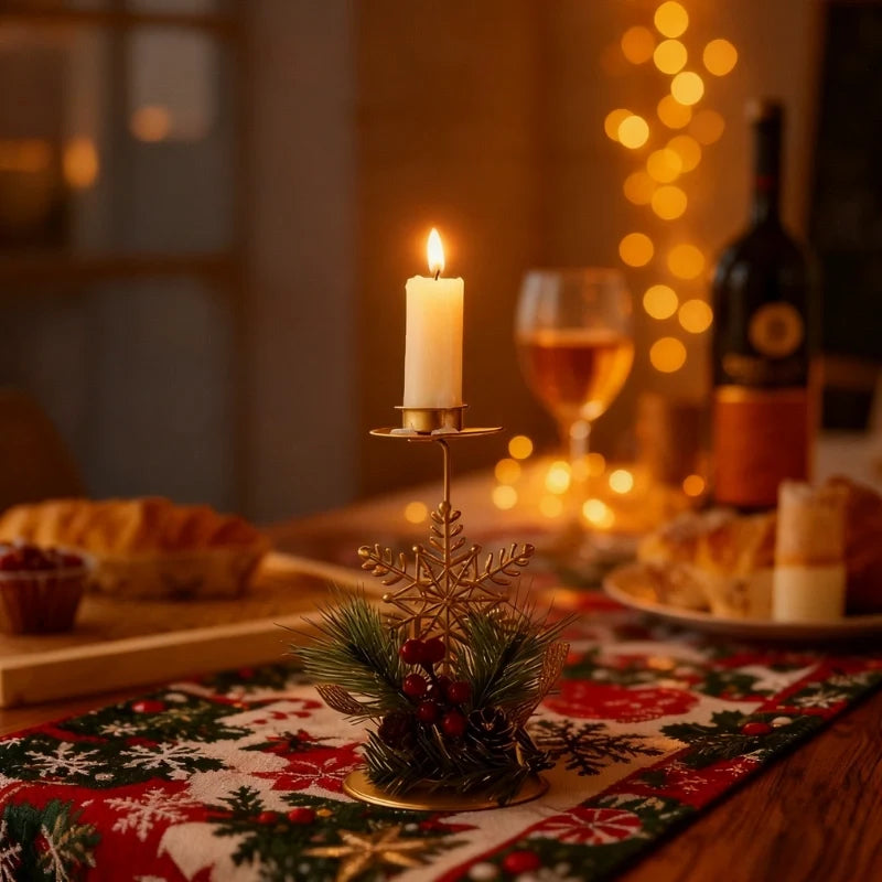 Christmas Candlestick Holders, Set of 3 Iron Taper Holders, Pine & Berry