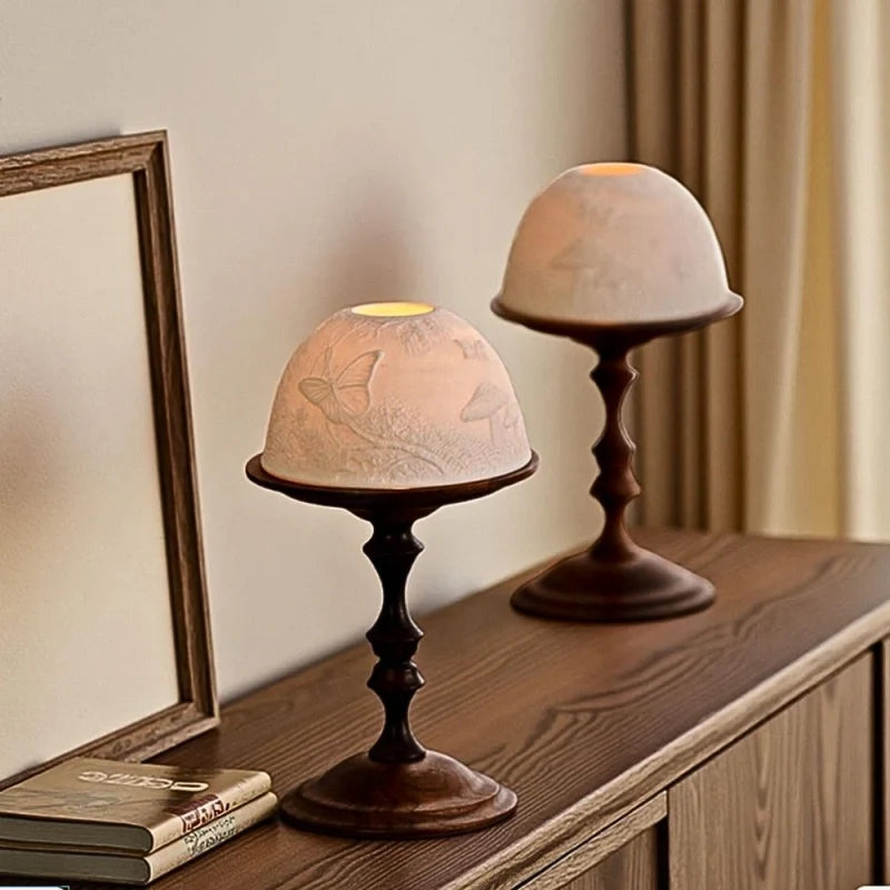Porcelain Candle Holder, Carved Dome Candle Lantern, Walnut Base, 7.7in
