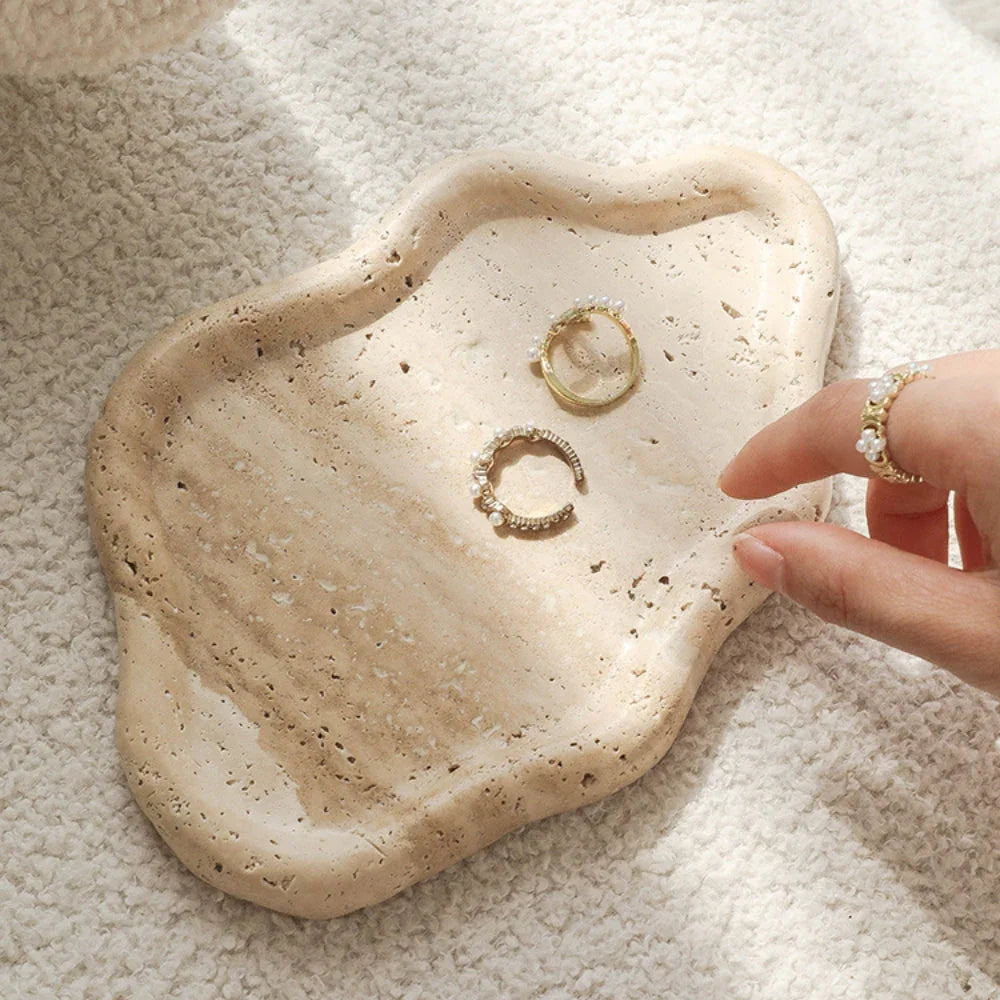 Travertine Jewelry Tray, Cloud Wavy Edge Perfume Tray for Dresser, 7.6in