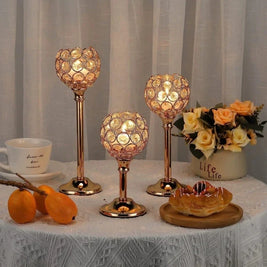 Glass Candle Holder, Crystal Look Beaded Globe on Stem, Gold or Silver