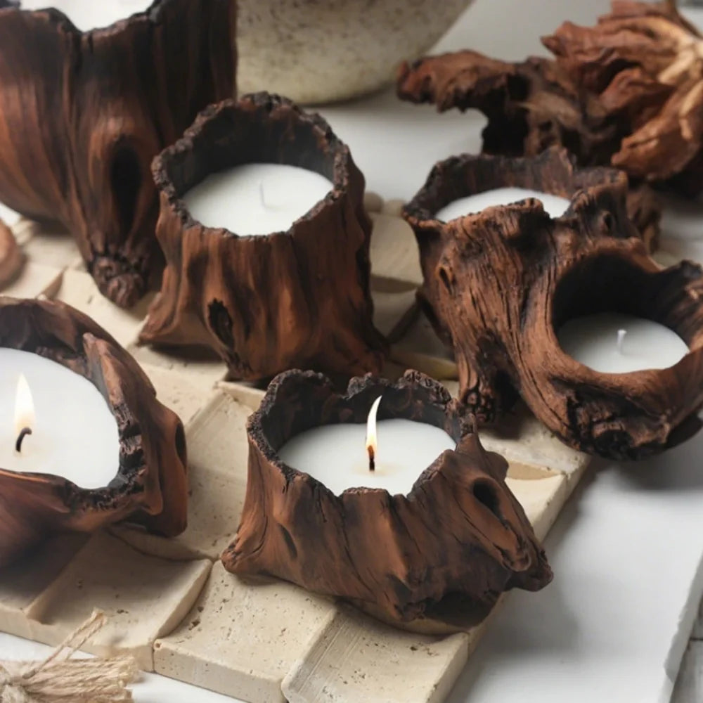 Cement Candle Holder, Tree Stump Candle Vessels for Wax Sand, 6 Shapes