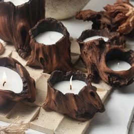 Cement Candle Holder, Tree Stump Candle Vessels for Wax Sand, 6 Shapes