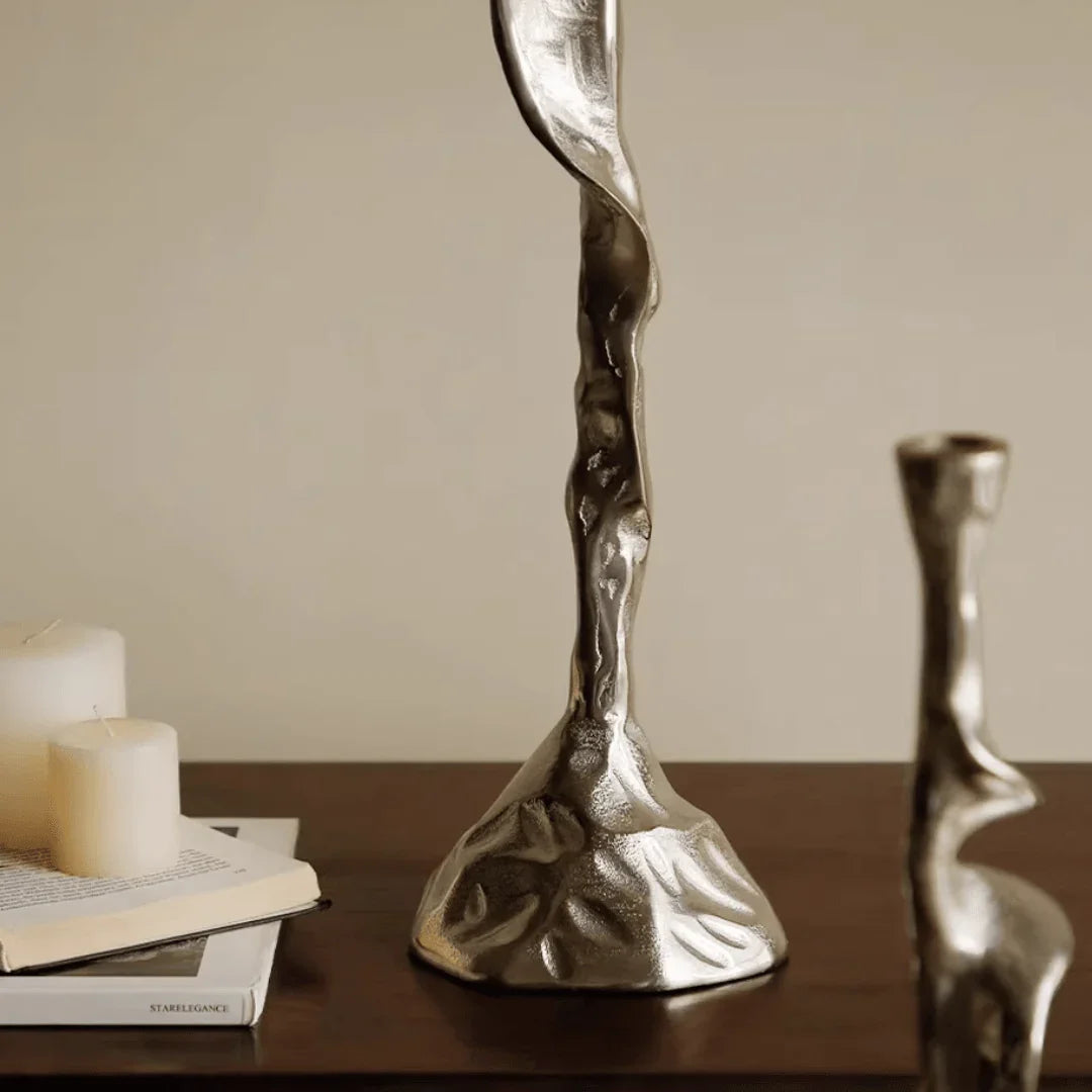 Aluminum Candle Holder, Sculptural Modern Candlestick, Silver, 21-24in