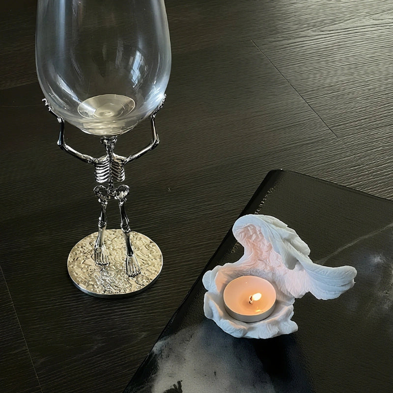 Angel Candle Holder, Sculpted Resin Angel Wings, White or Black, 3.9in