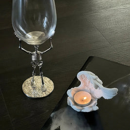 Angel Candle Holder, Sculpted Resin Angel Wings, White or Black, 3.9in