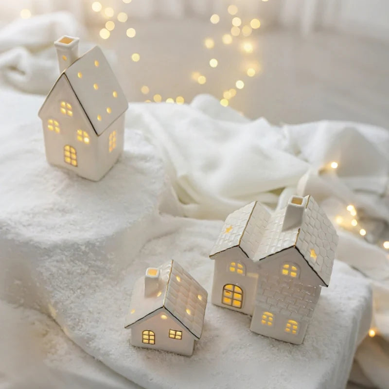 Ceramic Christmas Houses, Light Up White Village Set, Trees & Snowmen, LED