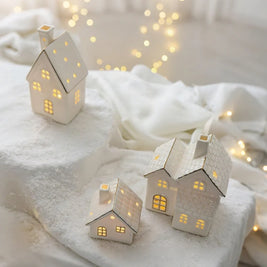 Ceramic Christmas Houses, Light Up White Village Set, Trees & Snowmen, LED