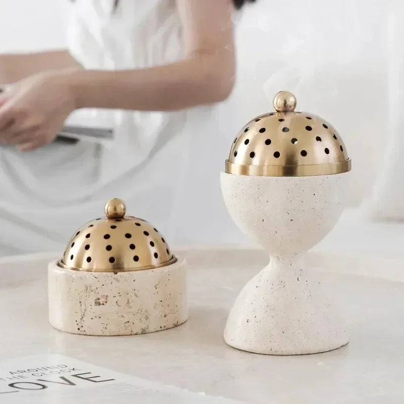 Travertine Incense Burner with Perforated Dome Lid, Gold Tone, 3.9-6.9in