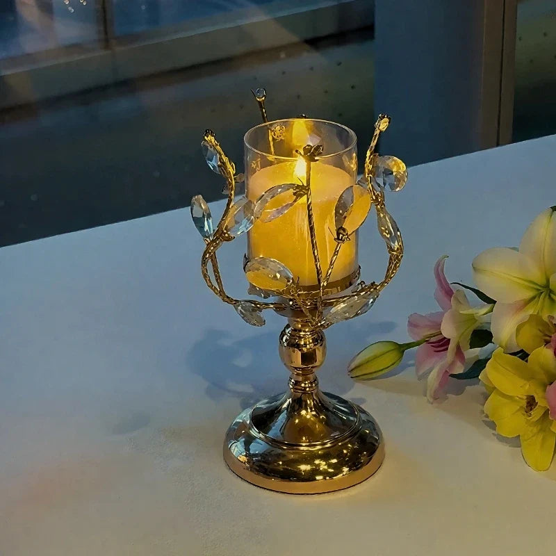 Glass Candle Holder, Crystal Look Floral Pillar Candle Stand, Iron, 3 Sizes