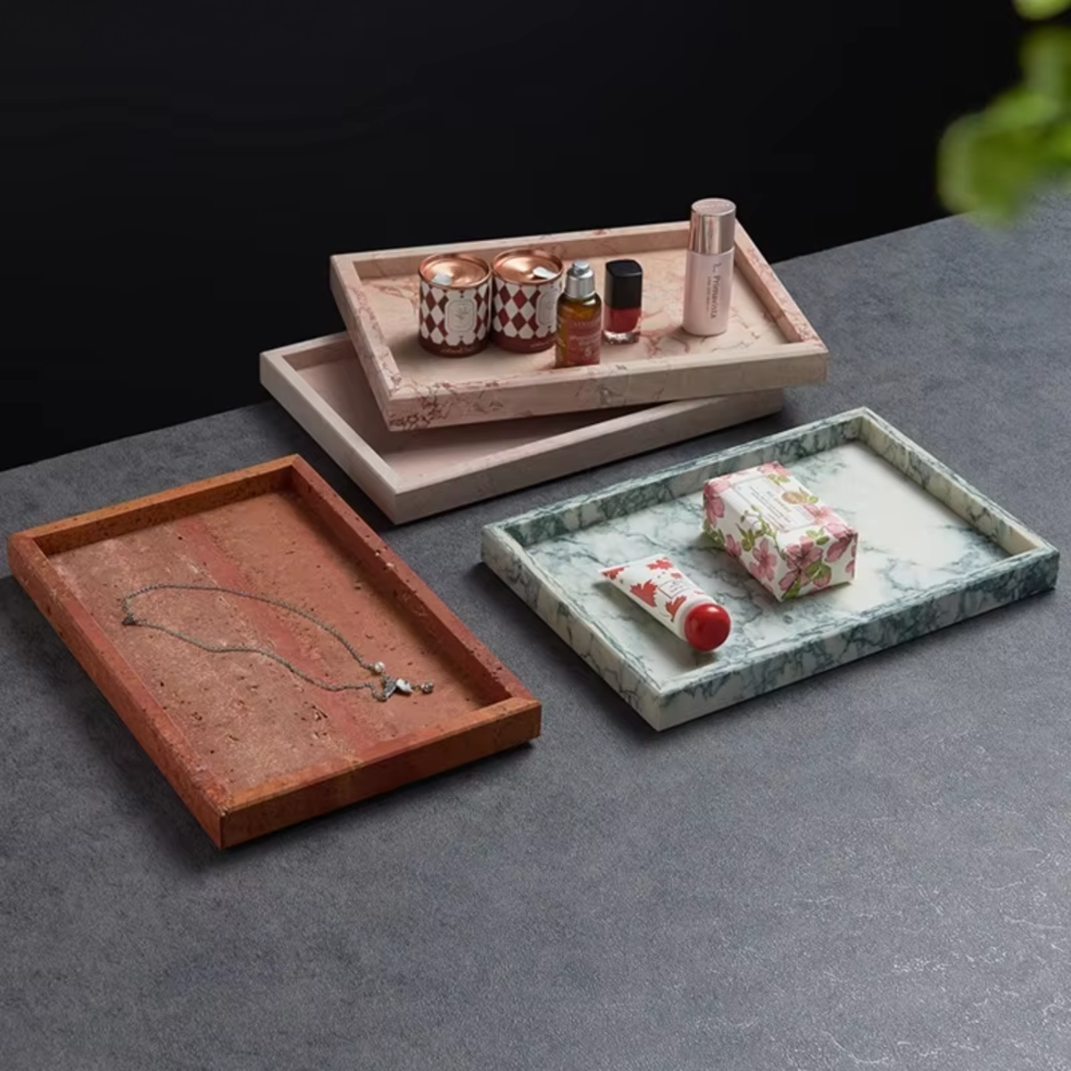 Marble Rectangle Tray, Rounded Corner Vanity Perfume Tray, 4 Colors, 11.8in